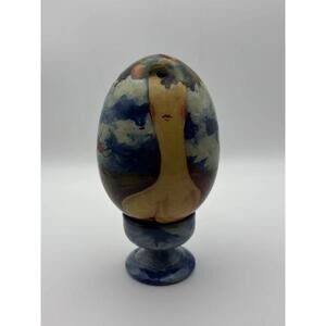 Hand Painted Easter Russian Egg by Tsirtsens 1991 Folk Art Wooden Egg on Stand
